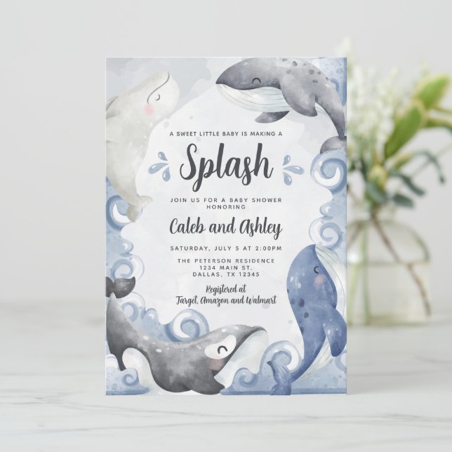 Nautical Whale Baby Shower Einladung (Stehend Vorderseite)