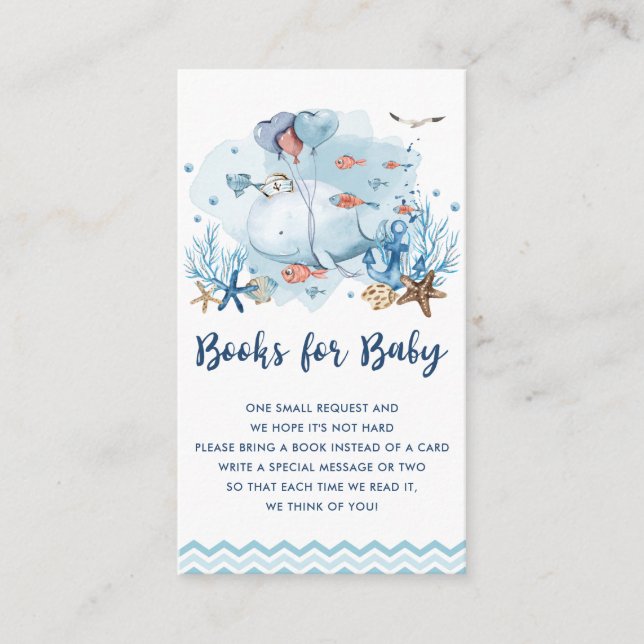 Nautical Whale Blue Baby Dusche bringen Buch Begleitkarte (Vorderseite)