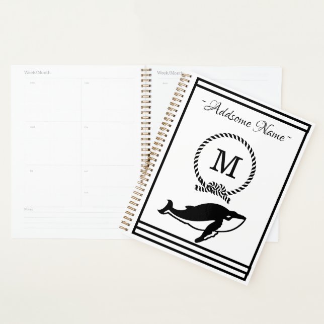 Nautical Whale Monogram Elegant Schwarz-weiß Planer (Anzeige)