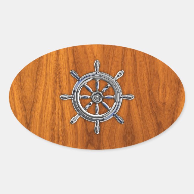 Nautical Wheel auf Teak Veneer Ovaler Aufkleber (Vorderseite)