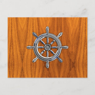 Nautical Wheel auf Teak Veneer Postkarte
