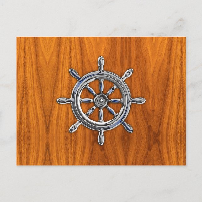 Nautical Wheel auf Teak Veneer Postkarte (Vorderseite)
