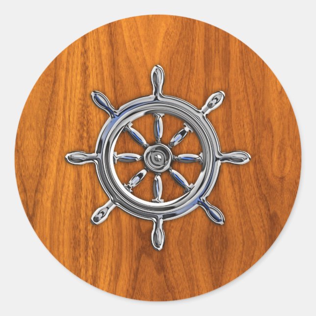 Nautical Wheel auf Teak Veneer Runder Aufkleber (Vorderseite)