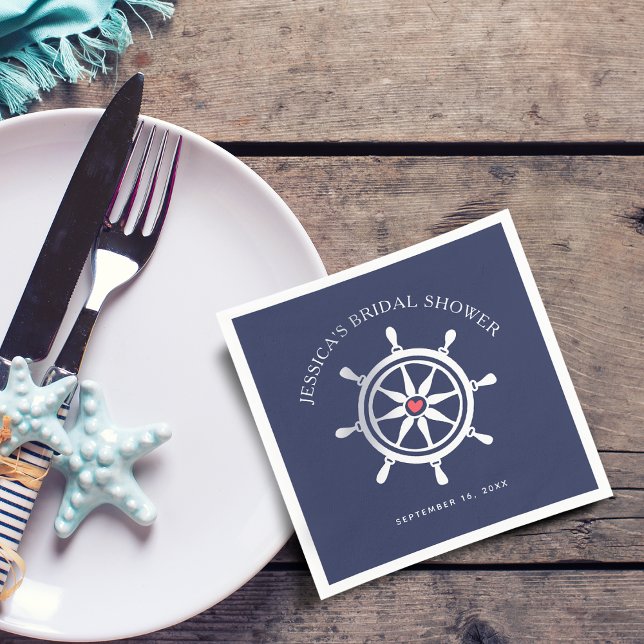 Nautical Wheel Navy Blue Brautparty Paper Serviette (Nautical Wheel Navy Blue Bridal Shower Paper Napkins)