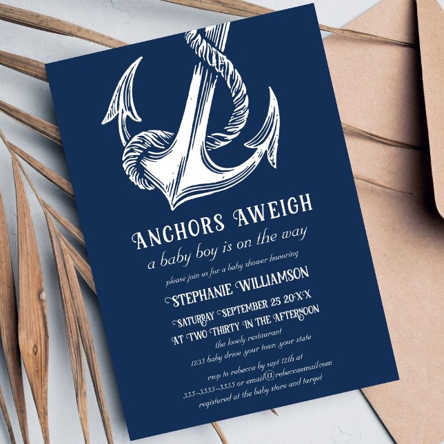Nautical White Anchor auf Navy Baby Shower Einladung (Von Creator hochgeladen)
