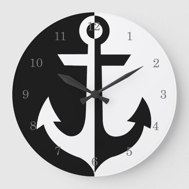 Nautical White and Black Anchor {hole deine Farbe} Große Wanduhr (Vorderseite)