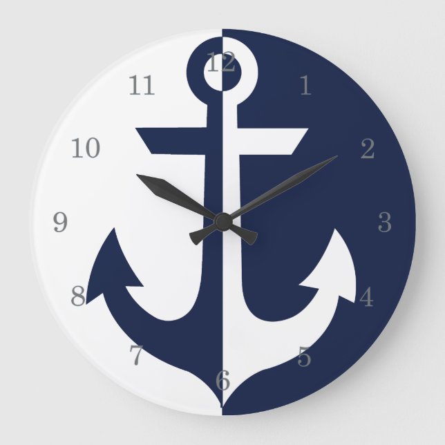 Nautical White and Blue Anchor {hole deine Farbe} Große Wanduhr (Vorderseite)