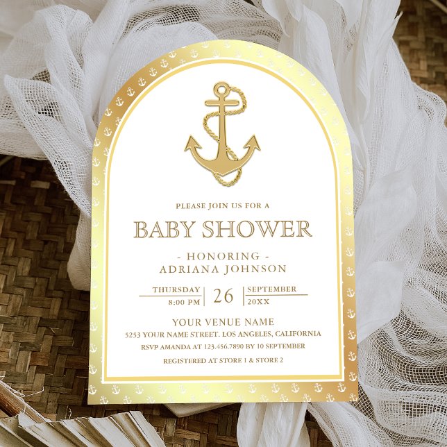 Nautical White and Gold Anchor Arch Baby Dusche Einladung (Von Creator hochgeladen)