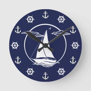 Nautical white sailboat/anchor/wheel silhouette runde wanduhr