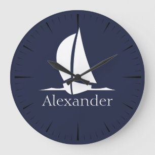 Nautical White sailboat Navy blue Coastal Monogram Große Wanduhr