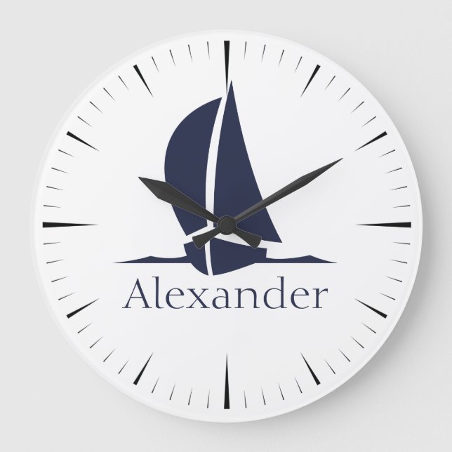 Nautical White Sailboat Navy Blue Coasty Monogram Große Wanduhr (Vorderseite)