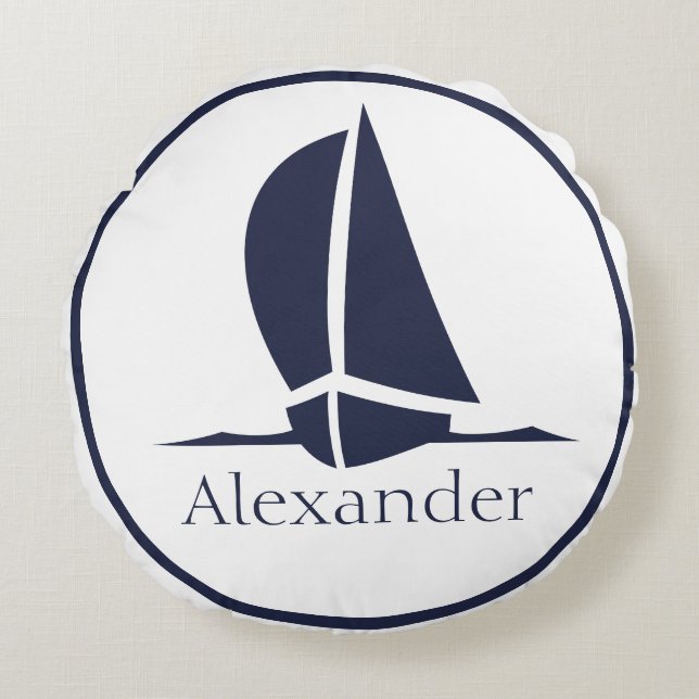 Nautical White Sailboat Navy Blue Coasty Monogram Rundes Kissen (Vorderseite)