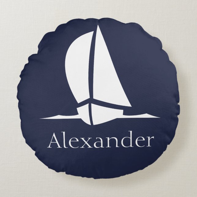 Nautical White Sailboat Navy Blue Coasty Monogram Rundes Kissen (Vorderseite)