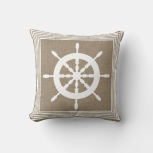 Nautical White Ship Helm & Imitate Burlap Kissen