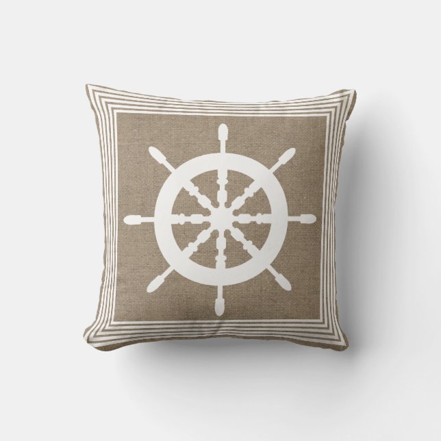 Nautical White Ship Helm & Imitate Burlap Kissen (Vorderseite)
