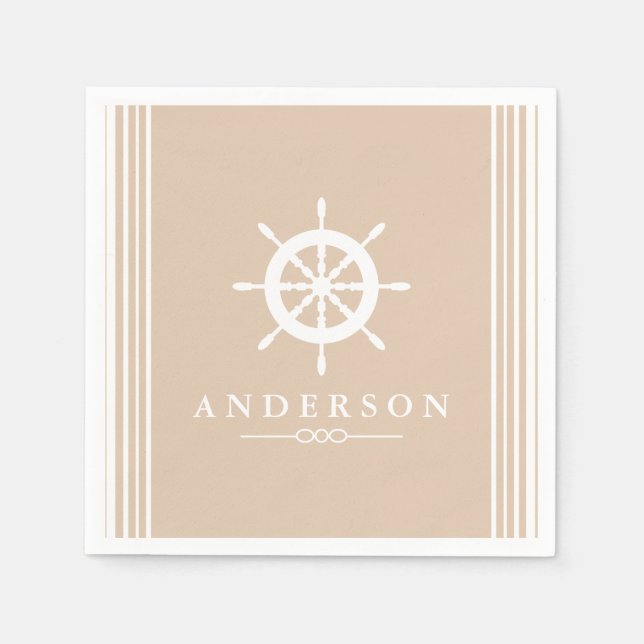 Nautical White Ship Helm & Taupe Serviette (Vorderseite)