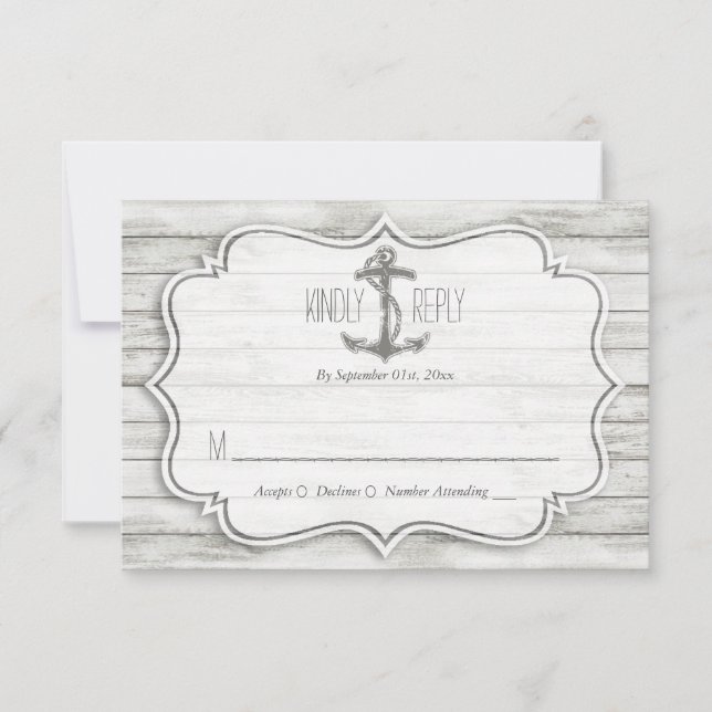Nautical Whitewusal Wood Beach Wedding Collection RSVP Karte (Vorderseite)