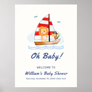 Nautical Wild Lion Sailboat Babydusche Willkommen Poster