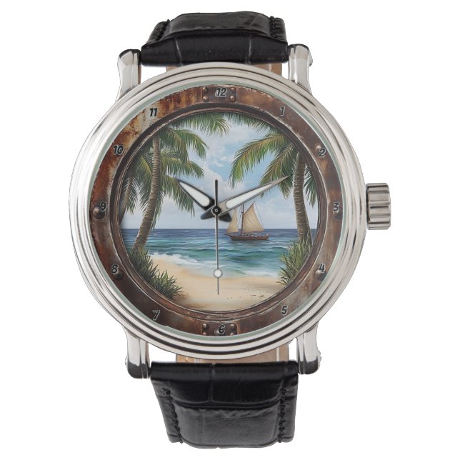 Nautical Window Coastal Retreat Rustic Beach Armbanduhr (Vorderseite)