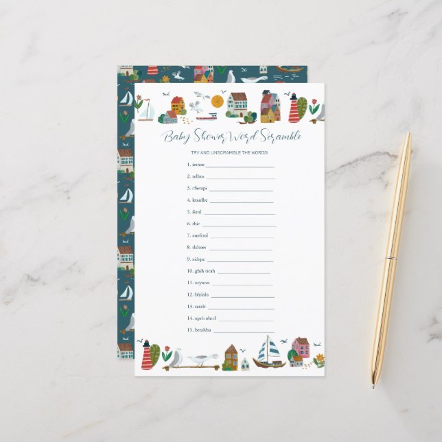 Nautical Word Scramble Baby Showspiel an der Küste (Vorderseite/Rückseite Beispiel)