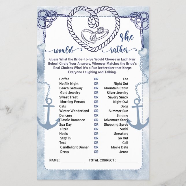 Nautical Would She Rather Game Bridal Shower card Flyer (Vorne)