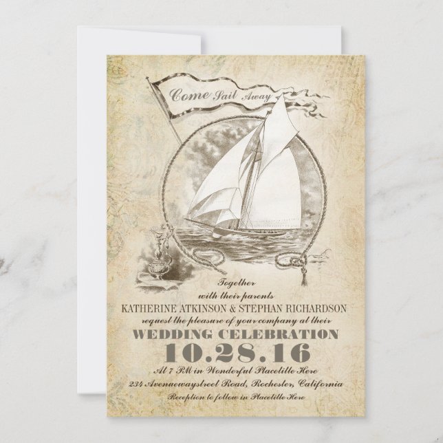 Nautical Yacht Hochzeitseinladung - Come Sail Away Einladung (Vorderseite)