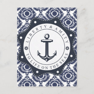 Nautico y motivo damasco azul y blanco, postkarte