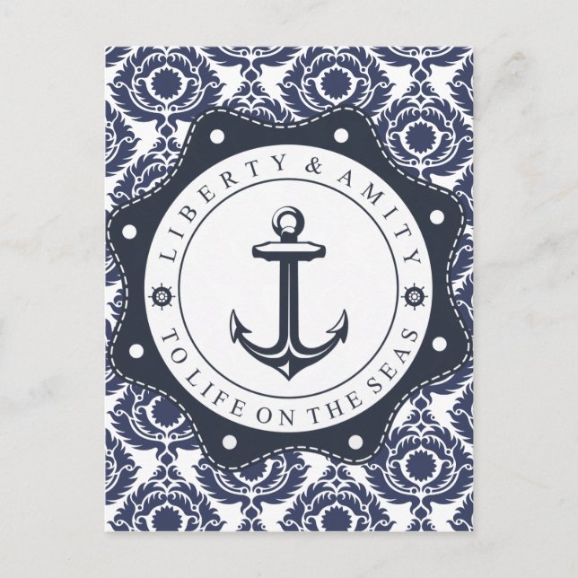 Nautico y motivo damasco azul y blanco, postkarte (Vorderseite)
