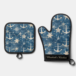 Nautik, Blau und Weiß, Anker und Starfish Ofenhandschuh & Topflappen-Set