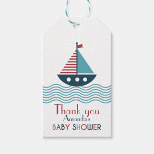 Nautikrot-blaues Boot BABY SHOWER Geschenkanhänger