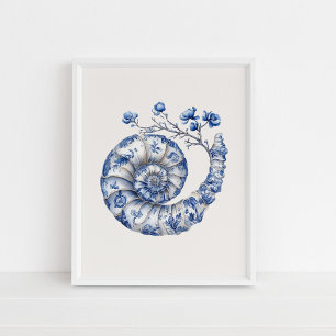 Nautilus Muschel - Coastal Blue on Beige Wall Art Poster