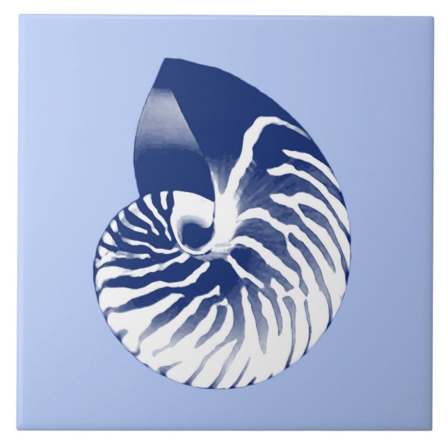 Nautilus-Muschel - Marine, weiß u. hellblau Fliese (Vorderseite)