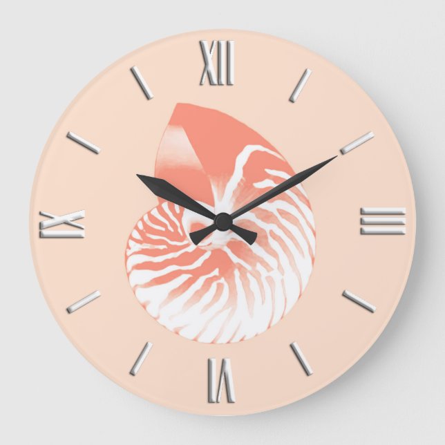 Nautilus-Muschel - orange und weiß Große Wanduhr (Vorderseite)