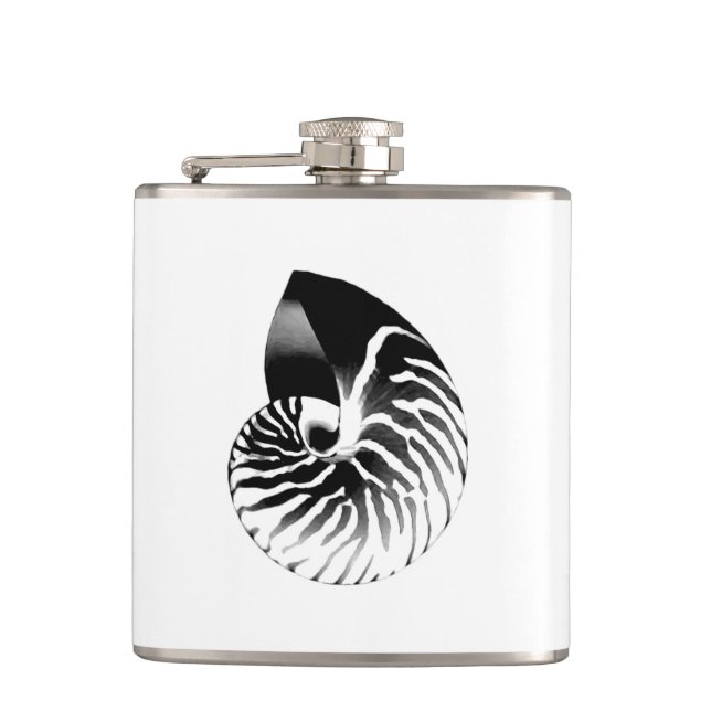 Nautilus-Muschel - schwarz, grau und weiß Flachmann (Vorderseite)