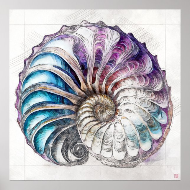 Nautilus Muschel Zeichnend - Kunstdruckerei Poster (Vorne)
