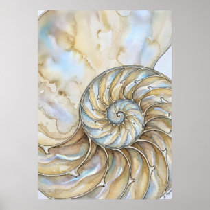 Nautilus-Schale Wasserfarbe Goldene Spirale Ozean Poster