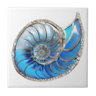 Nautilus seashell Ocean Blue 3D Diamant Shimmer Fliese