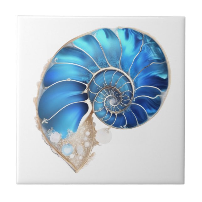 Nautilus seashell Ocean Blue 3D Shimmer Beach Fliese (Vorderseite)