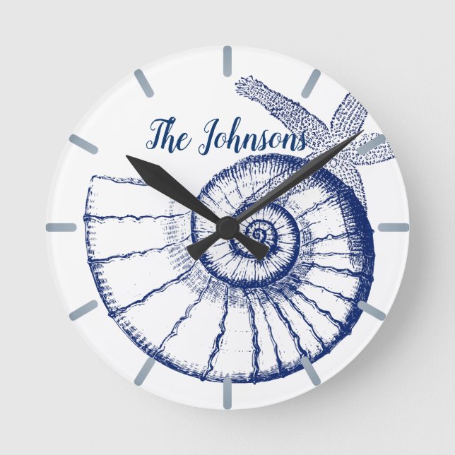 Nautilus Seashell & Starfish Meereslebewesen Runde Wanduhr (Vorderseite)