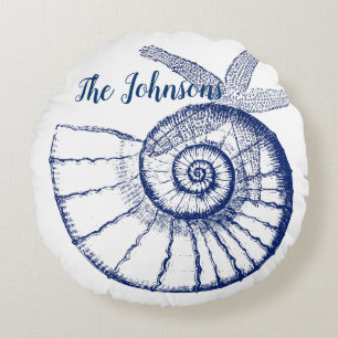 Nautilus Seashell & Starfish Meereslebewesen Rundes Kissen