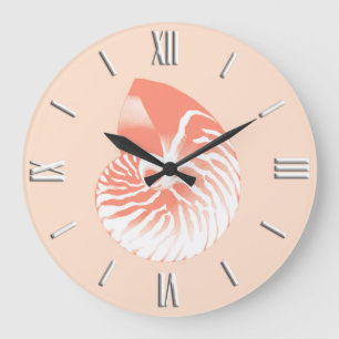 Nautilus shell - coral orange and white große wanduhr
