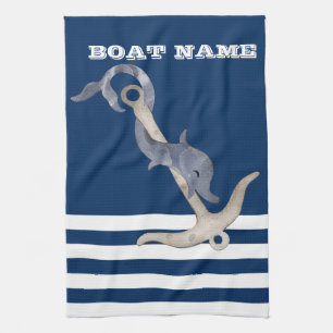 Nautisch, Anker Delphin Navy Blau Gestreift Geschirrtuch