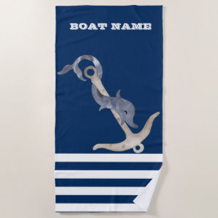 Nautisch, Anker Delphin Navy Blau Gestreift Strandtuch