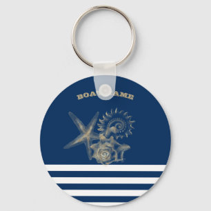 Nautisch, Goldene Muscheln Navy Blau Streifen Schlüsselanhänger