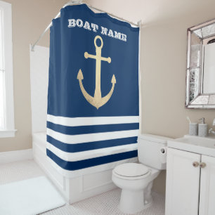 Nautisch, Goldener Anker Navy Blau Gestreift Duschvorhang