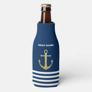 Nautisch, Goldener Anker  Navy Blau Gestreift Flaschenkühler