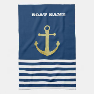 Nautisch, Goldener Anker Navy Blau Gestreift Geschirrtuch
