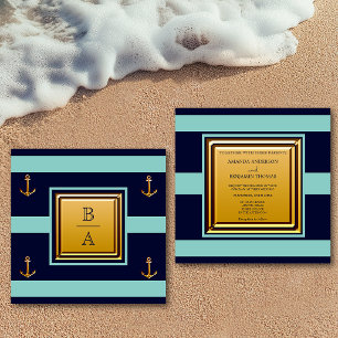 Nautisch Marineblau Teal Streifen Anker Hochzeit Einladung