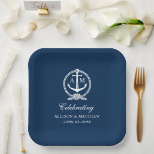 Nautisch marineblaue Anker-Hochzeitsmonogramm Pappteller