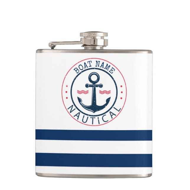 nautisch, Schiffsname, Anker Blaue Streifen Flachmann (Vorderseite)